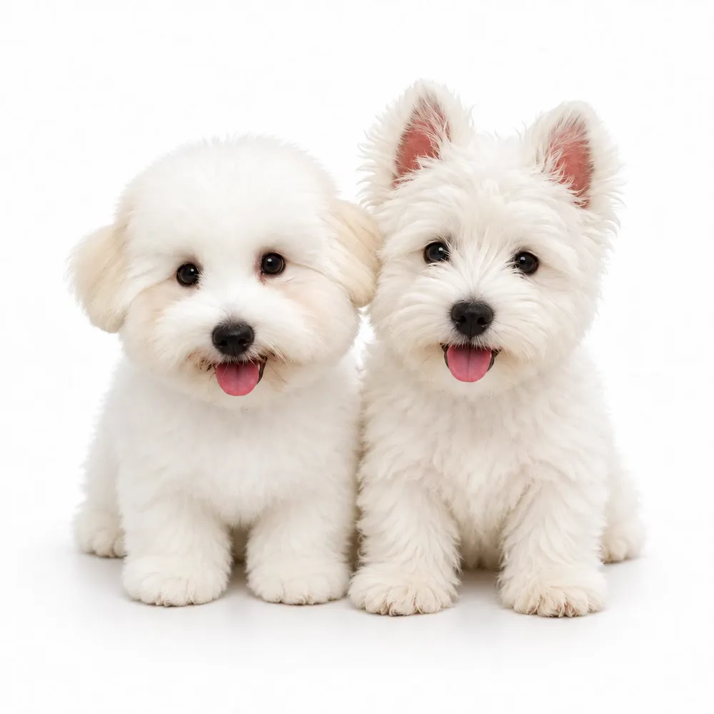 Two white puppies sitting side by side